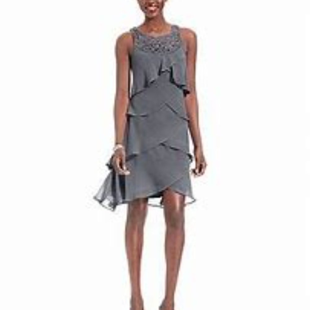 Grey Sleeveless Tiered Ruffled Beaded Dress Women's Size 18W S.L. Fashions #5003 - Picture 3 of 15